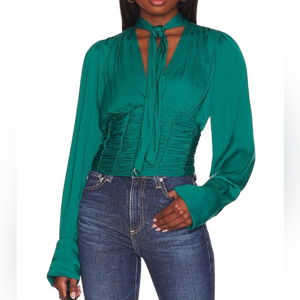 Free People Meet Me There Ruched Button-Down Blouse in Green Balsam size large